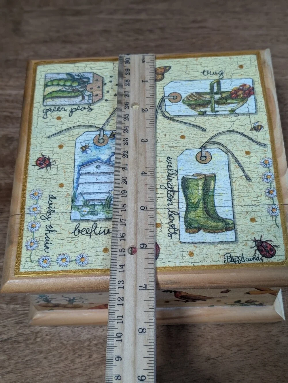 Pily Acuna Design Decoupage Wooden Trinket Box/ Jewelry Box Garden Bees Ladybug